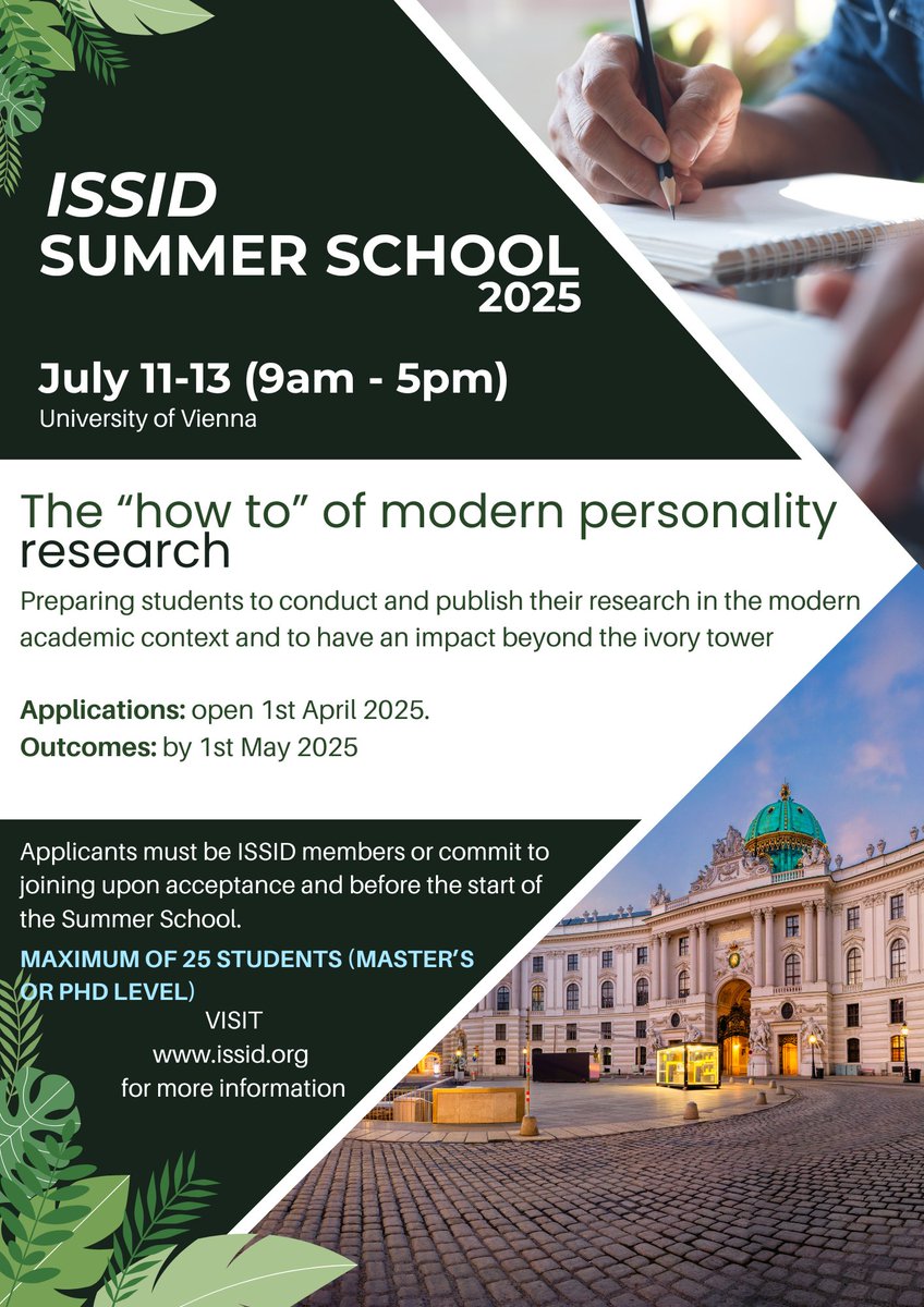 Did you know the ISSID Summer School takes place just before the main conference? July 11-13 at University of Vienna. Visit issid.org/issid-summer-s… for more information and to submit your application.