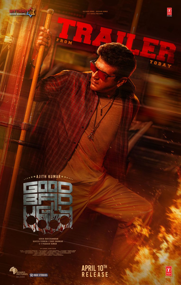 Mythri Movie Makers (@mythriofficial) on Twitter photo Maamey...
Ready for the blast? 💥💥
#GoodBadUglyTrailer out today.
AK's style and swag ❤🔥
#GoodBadUgly Grand release worldwide on April 10th, 2025 with VERA LEVEL ENTERTAINMENT 💥💥
#AjithKumar <a href="/trishtrashers/">Trish</a> <a href="/MythriOfficial/">Mythri Movie Makers</a> <a href="/Adhikravi/">Adhik Ravichandran</a> <a href="/gvprakash/">G.V.Prakash Kumar</a> <a href="/AbinandhanR/">Abinandhan Ramanujam</a> <a href="/editorvijay/">Vijay Velukutty</a> Maamey...
Ready for the blast? 💥💥
#GoodBadUglyTrailer out today.
AK's style and swag ❤🔥
#GoodBadUgly Grand release worldwide on April 10th, 2025 with VERA LEVEL ENTERTAINMENT 💥💥
#AjithKumar <a href="/trishtrashers/">Trish</a> <a href="/MythriOfficial/">Mythri Movie Makers</a> <a href="/Adhikravi/">Adhik Ravichandran</a> <a href="/gvprakash/">G.V.Prakash Kumar</a> <a href="/AbinandhanR/">Abinandhan Ramanujam</a> <a href="/editorvijay/">Vijay Velukutty</a>