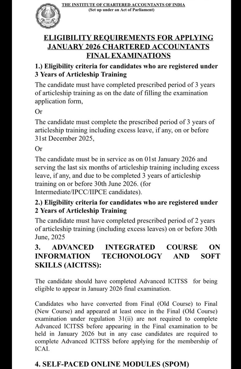kdhiraj123's tweet image. ICAI has released the eligibility criteria for the January 2026 exams, confirming that the exams will not be preponed to Sept . For students enrolled in the 2-year artivleship program, eligibility requires completion of articleship on or before 30th June 2025.