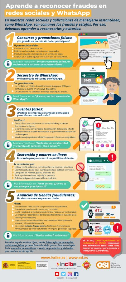 Reconoce y aprende a identificar #Fraudes en #RedesSociales y #Apps de mensajería instantánea <a href="/osiseguridad/">Oficina de Seguridad del Internauta</a> <a href="/INCIBE/">INCIBE</a> #RRSS #WhatsApp #Ciberseguridad ➡️tinyurl.com/2p9ht7v9
