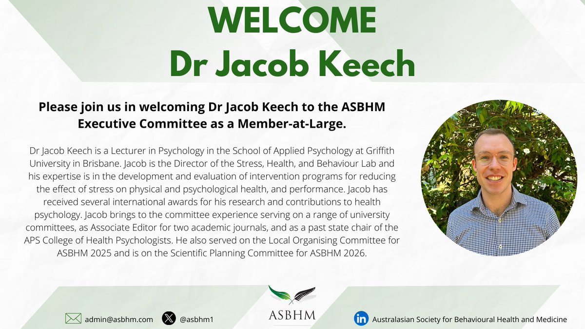 Australasian Society for Behavioural Health & Med (@asbhm1) on Twitter photo We are truly excited to announce that Dr <a href="/jacobjkeech/">Jacob Keech</a> from Griffith University will be joining the ASBHM Executive Committee as a Member-at-Large. Jacob has been a long-time member of ASBHM and a regular face at our annual conferences.
Welcome Jacob! 👏 We are truly excited to announce that Dr <a href="/jacobjkeech/">Jacob Keech</a> from Griffith University will be joining the ASBHM Executive Committee as a Member-at-Large. Jacob has been a long-time member of ASBHM and a regular face at our annual conferences.
Welcome Jacob! 👏