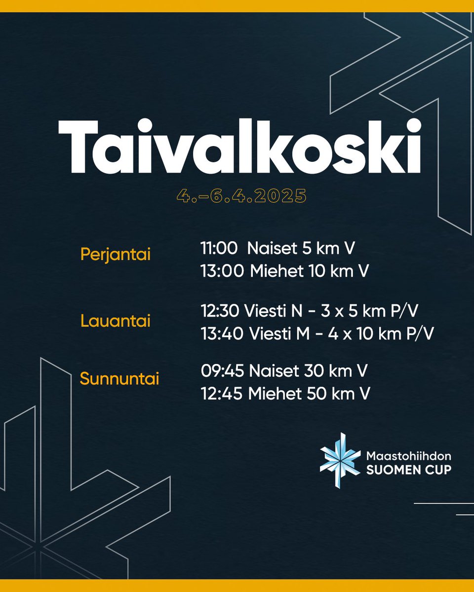 Laita viikonlopun aikataulut talteen ☝️ Kohta mennään!

📺 Yle TV2 &amp; Viaplay
📊 live.time4results.com/hiihto/2025/ta…
🎟️ Lippu.fi tai porteilta

#hiihdonsuomencup #smhiihdot #näytönpaikka #hiihto