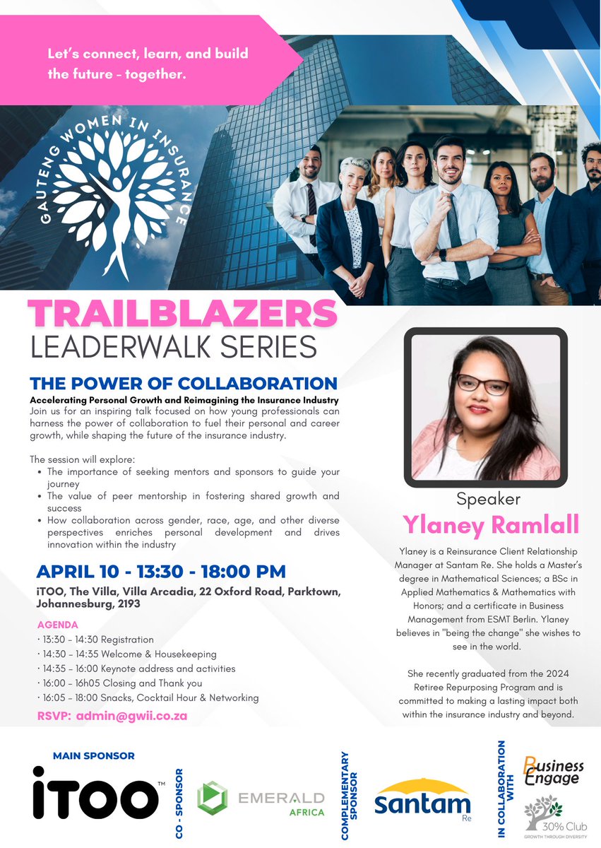 Trailblazers Leaderwalk Series: The Power of Collaboration 

Join Gauteng Women in Insurance (GWII) for an inspiring session on how young professionals can harness the power of collaboration to fuel personal and career growth! 

🔹 Speaker: Ylaney Ramlall – Reinsurance Client