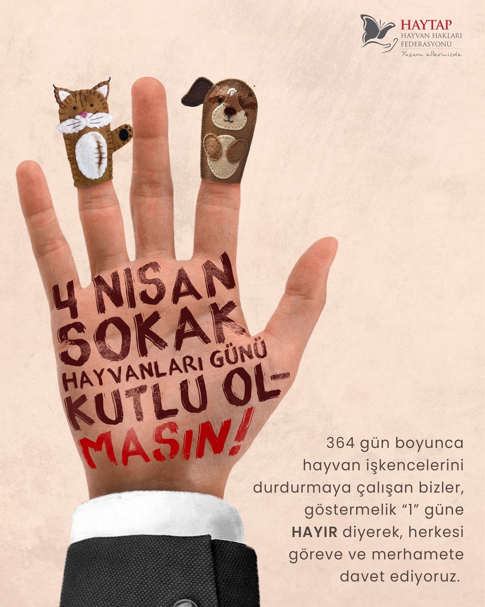 364 gün boyunca hayvan işkencelerini durdurmaya çalışan bizler, göstermelik “1” güne HAYIR diyerek herkesi göreve ve merhamete davet ediyoruz.

#4nisandünyasokakhayvanlarıgünü