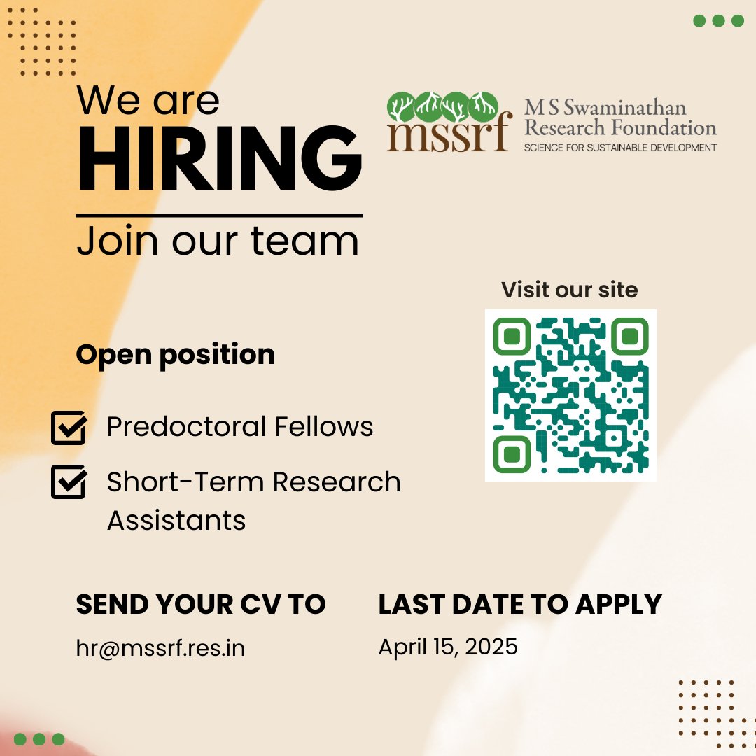 We're hiring : Predoctoral Fellows (‘predocs’) &amp; Short-Term Research Assistants. 

📅 Apply by April 15, 2025, for first consideration.

📧 Send your applications to: hr@mssrf.res.in

For more details : tinyurl.com/yck5sece