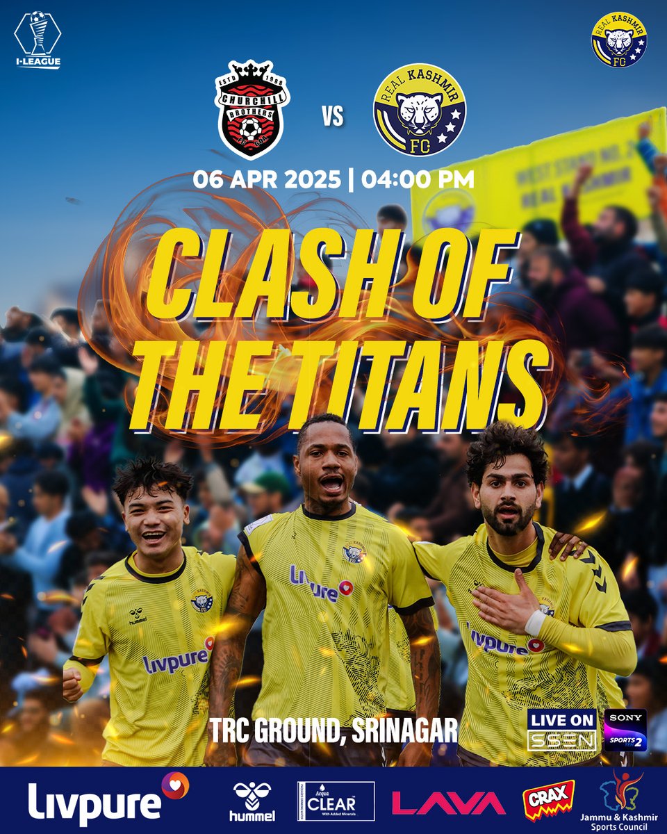 ⚔️ CLASH OF THE TITANS! ⚔️

The battle for glory is here! 🏆 The Snow Leopards take on Churchill Brothers in a high-stakes showdown at TRC Ground! 🔥

📍 TRC Ground, Srinagar
📅 6th April 2025 | 🕓 04:00 PM
#RKFC #RealKashmirFC #ClashOfTheTitans #ILeague #SnowLeopards #HomeGame