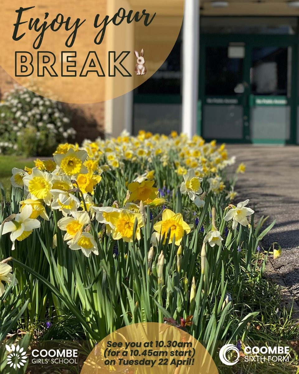 CoombeGirlsNews's tweet photo. To our wonderful #CoombeUnity, we hope you have a relaxing, safe and happy Spring break! π°π£π
A reminder that school reopens for the Summer term at 10.30am (for Tutor Time at 10.45am) on Tues 22nd April.
#curious #creative #confident
#CGSWorldOfOpportunity https://t.co/WZLALXgw6f