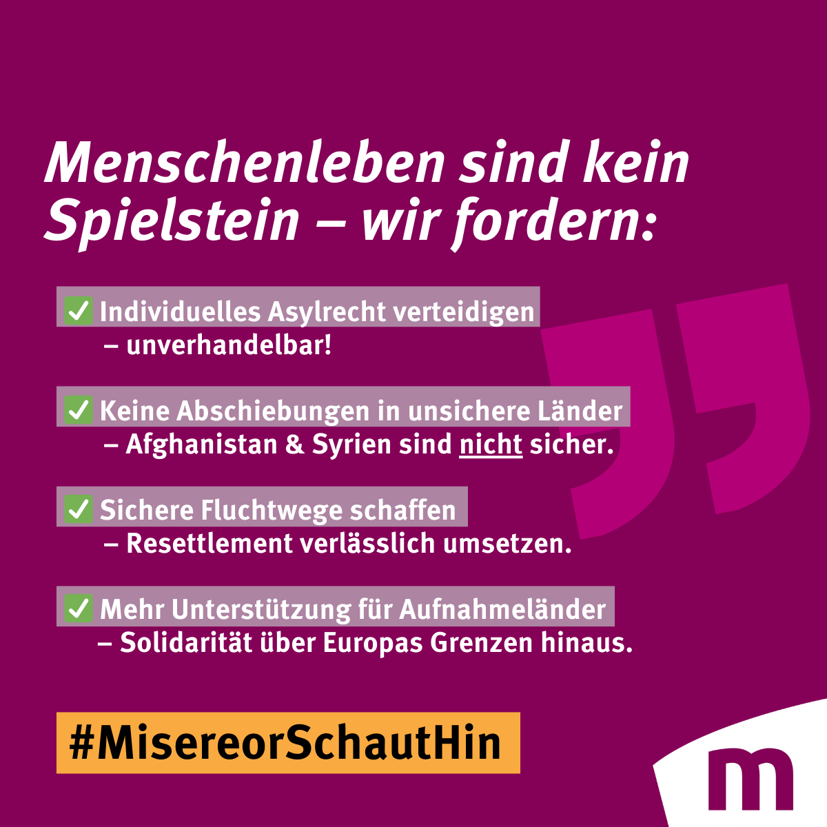 Misereor's tweet photo. Migrationspolitik darf keine Verhandlungsmasse sein!

Migrationspolitik bleibt ein zentrales Thema in den Koalitionsverhandlungen zwischen CDU Deutschlands, Christlich-Soziale Union und Sozialdemokratische Partei Deutschlands (SPD). Doch nun stellt sogar ein hochrangiger Verwaltungsbeamter als Privatperson das individuelle Asylrecht infrage.

Das sagen wir dazu:
Für den individuellen Asylschutz gibt es keine Alternative. Er ist ein unverrückbarer Grundsatz der Genfer Flüchtlingskonvention und ein Erbe deutscher Geschichte.
Resettlement ist wichtig, aber keine Lösung. Deutschland hat es bereits praktiziert – doch die Umsetzung ist oft zu langsam oder scheitert an der Realität.

Die Stimmung gegen die Aufnahme aus Afghanistan ist fatal. Es geht um Menschen, die in Lebensgefahr sind, weil sie mit der Bundeswehr oder deutschen Organisationen gearbeitet haben – oder für Demokratie und Gleichberechtigung eintreten. Deutschland hat seine Versprechen bislang nicht eingelöst.
Afghanistan und Syrien sind keine sicheren Länder.Abschiebungen dorthin bedeuten für viele Menschen Lebensgefahr.
Drittstaatenregelungen sind hochproblematisch. Sie sind rechtlich und praktisch kaum kontrollierbar und bergen die Gefahr massiver Menschenrechtsverletzungen.

👉Wir brauchen echten politischen Willen. Europäisches Recht muss gegenüber Schutzsuchenden gewahrt bleiben – statt Umwege und Abschottung zu priorisieren. Wissenschaftliche Erkenntnisse müssen höher gewichtet werden als populistische Debatten.

Die meisten Menschen auf der Flucht bleiben in Nachbarländern. Deshalb braucht es eine Stärkung der Strukturen vor Ort, die Geflüchtete aufnehmen.

🌍 Misereor unterstützt weltweit Projekte für geflüchtete und vertriebene Menschen – mit Menschlichkeit und für Perspektiven. Wir fordern sichere Fluchtwege und eine faire Asylpolitik. Keine Auslagerung des Schutzanspruchs – Menschenrechte sind unverrückbar.

💬 Was können wir für eine menschliche Migrationspolitik tun? Diskutiert mit uns in den Kommentaren!
#MisereorSchautHin #MenschenrechteSindUnverhandelbar #SichereFluchtwege #SolidaritätStattAbschottung #Koalitionsverhandlungen