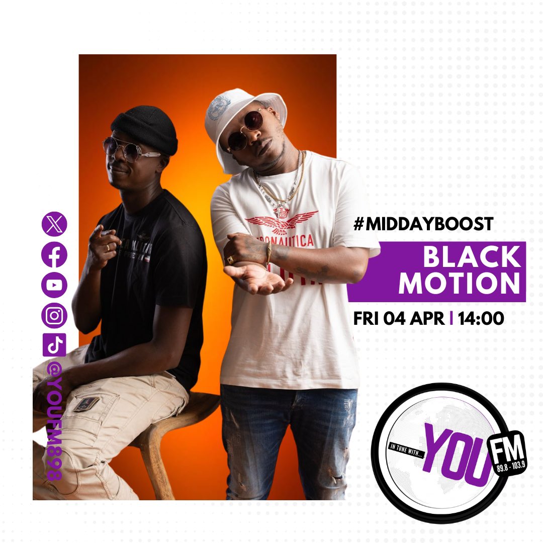 Black Motion is on <a href="/YOUFM898/">#InTuneWithYOU</a> today at 2 PM 🕑 🙌🏾🙌🏾 #khululeka