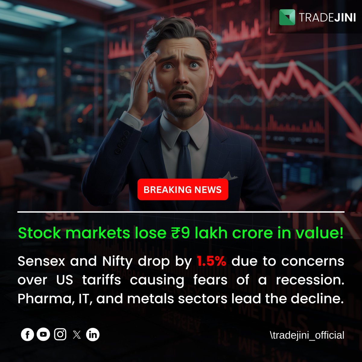 tradejini's tweet photo. Market Meltdown: ₹9 Lakh Crore Wiped Out as Sensex and Nifty Plunge 1.5% Amid US Tariff Fears!
#StockMarketCrash #NiftyCrash #SensexDrop #TrumpTariffs #USTariffs https://t.co/FFjDH63NQT