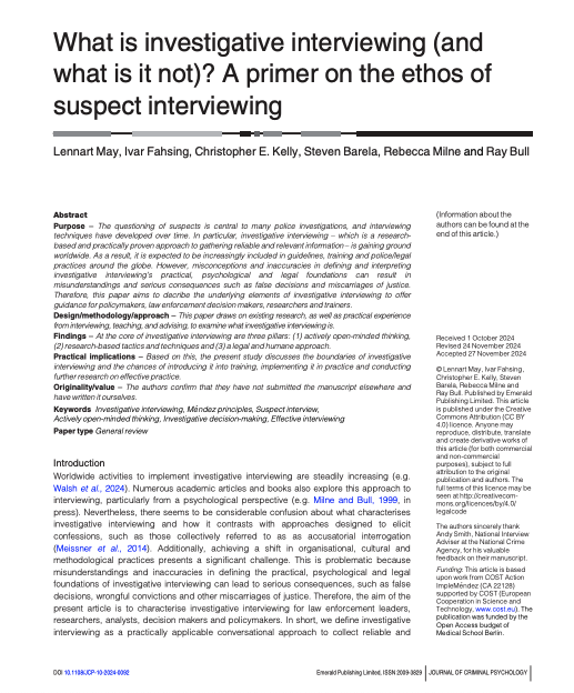 IMPLEMENDEZ (@implemendez) on Twitter photo **New Publication**
We are delighted to announce a new open access paper by Action members - Lennart May, <a href="/Ivafah/">Ivar Fahsing</a>, Christopher E Kelly, Steven Barela, <a href="/BeckyBeckymilne/">Becky Milne</a> & Ray Bull-
"What is investigative interviewing (and what is it not)?"
Available here:
emerald.com/insight/conten… **New Publication**
We are delighted to announce a new open access paper by Action members - Lennart May, <a href="/Ivafah/">Ivar Fahsing</a>, Christopher E Kelly, Steven Barela, <a href="/BeckyBeckymilne/">Becky Milne</a> & Ray Bull-
"What is investigative interviewing (and what is it not)?"
Available here:
emerald.com/insight/conten…