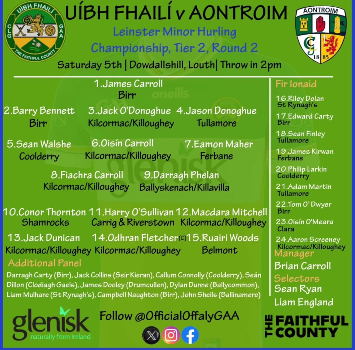 CarrigCLG's tweet photo. Best of luck to Harry O'
Sullivan who is starting center forward for the Offaly minor hurling in their round 2 championship tomorrow against Aontroim

Throw in at 2pm in Dowdallshill, Louth. 
Best of luck to all involved💪

Tickets: https://t.co/YNCq2p7jXK https://t.co/kPshZPK9ud