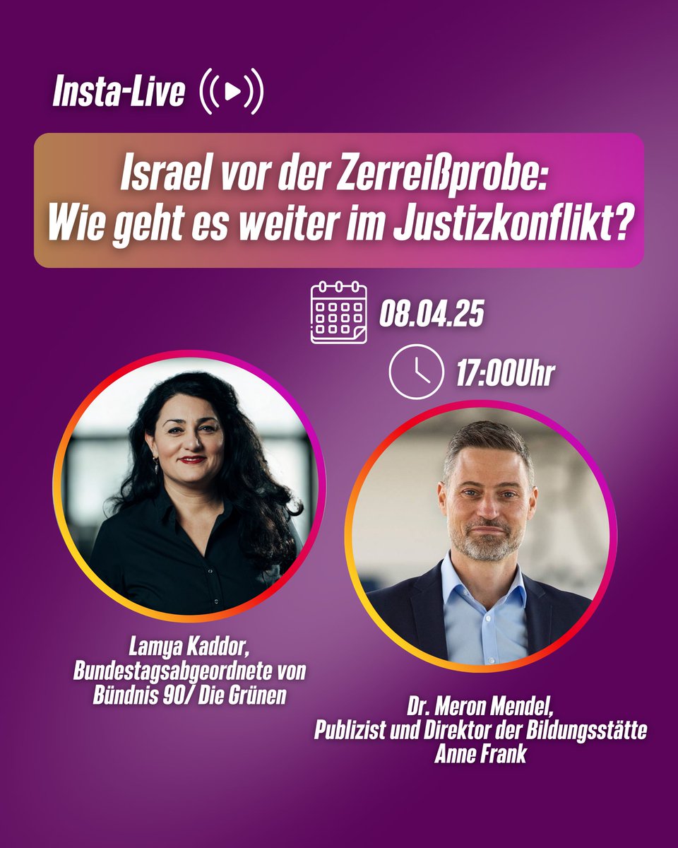 Lamya Kaddor (@lamyakaddor) on Twitter photo In Israel wächst der Protest gegen die Justizreform und die Angriffe der Regierung auf Justiz und Geheimdienst. Droht eine Staatskrise nach US-Vorbild? Und was bedeutet das für den Krieg in Gaza?
Darüber spreche ich am 08.04. um 17uhr im Insta-Live mit <a href="/MeronMendel/">Dr. Meron Mendel</a> In Israel wächst der Protest gegen die Justizreform und die Angriffe der Regierung auf Justiz und Geheimdienst. Droht eine Staatskrise nach US-Vorbild? Und was bedeutet das für den Krieg in Gaza?
Darüber spreche ich am 08.04. um 17uhr im Insta-Live mit <a href="/MeronMendel/">Dr. Meron Mendel</a>