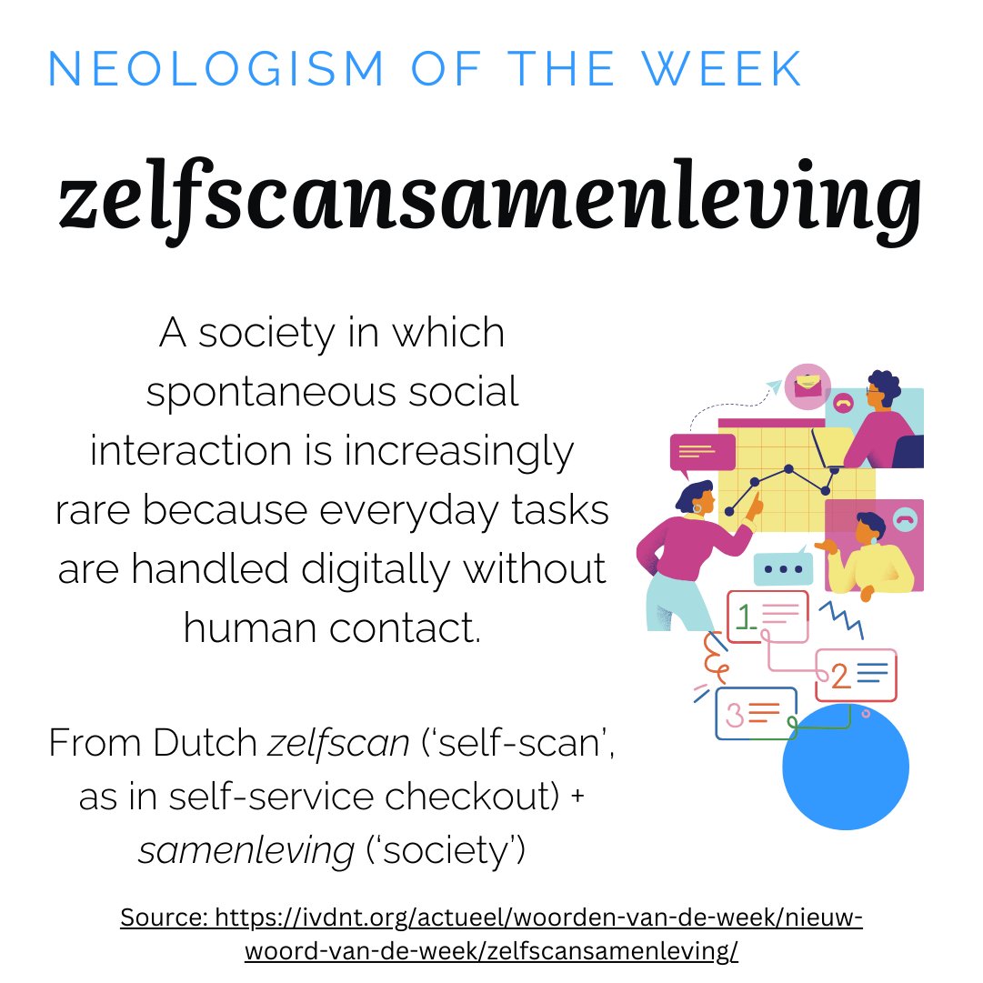 📣🌟How much of our daily life has become more digital and less personal? Our #tuesdayneologism introduces us to ZELFSCANSAMENLEVING, a Dutch term describing a society where spontaneous social interactions grow rarer because everyday tasks are handled digitally 🫤💻
#neology
