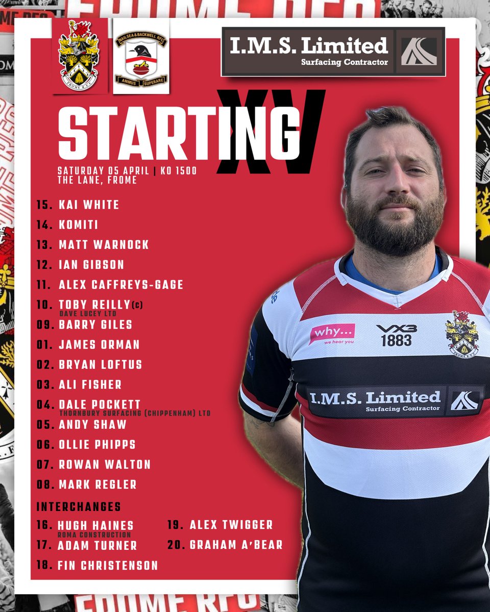 This Saturdays Senior Lineups | 

Counties 1 Tribute Southern South
Frome RFC v Chippenham RFC II

Counties 2 Tribute D&amp;W Central
Avonvale RFC v Frome RFC II

Counties 4 Tribute Southern South
Frome RFC III v Nailsea &amp; Backwell RFC III

🔴⚪️⚫️ | #FromeRFC | #Frome