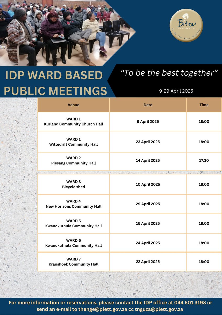 bitou_muni's tweet image. IDP SCHEDULE | To enhance public participation and to obtain meaningful input, Bitou Municipal Council decided to host IDP/ Budget consultative public meetings as scheduled below.
#BitouUpdates #BitouAlerts #BitouIDP
