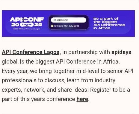 apiconflagos's tweet image. We’re featured on @ntbts_news today! 🚀

APIConfLagos 2025 is going to be bigger and better. 

Don&apos;t miss out!

📅 Register now: lu.ma/ltp8u2bb

#APIConfLagos #apidays