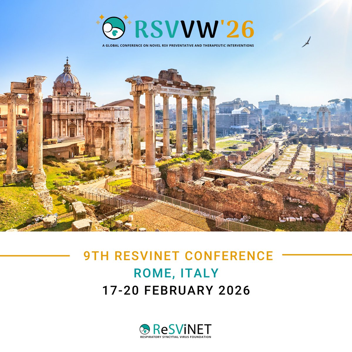 rsvpatients's tweet image. Exciting news! ReSViNET will host RSVVW'26 in Rome from 17–20 Feb.
Join global experts for the 9th edition, featuring masterclasses, science, symposia & more — all to reduce the global burden of RSV infection.
#RSVVW26 #RSV #ReSViNET