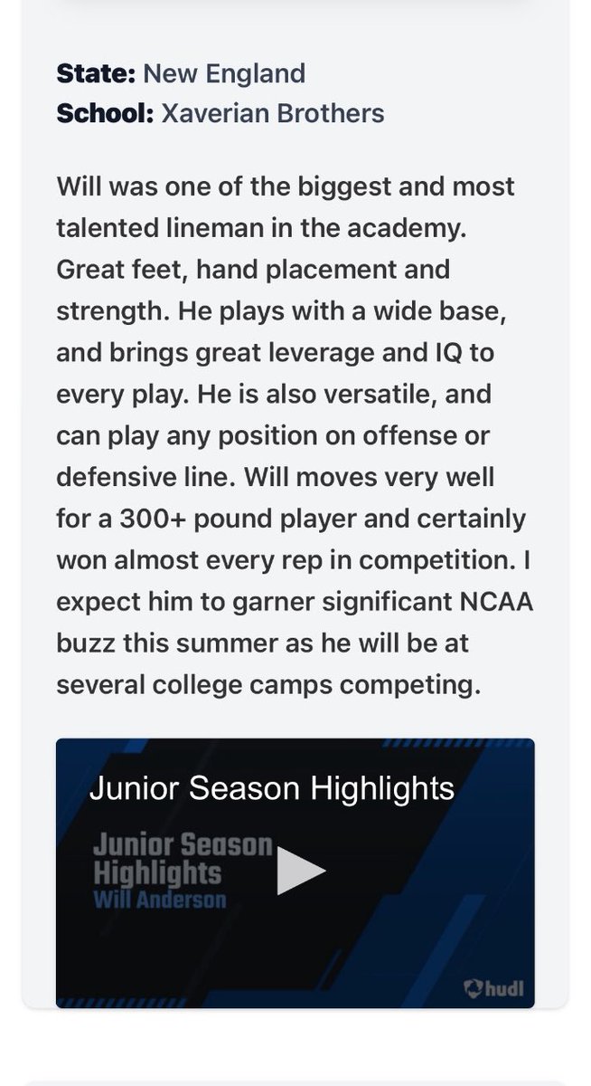 Donald “Will” Anderson ‘26 (@will_anderson58) on Twitter photo Thank you for the write up <a href="/coach_Big_Homie/">Amal Scott</a>! <a href="/PRZNewEngland/">Prep Redzone New England</a>
<a href="/XBHS_Football/">Xaverian Football</a> <a href="/MrWhiteXB/">Mark White</a>
hudl.com/v/2RCE98 Thank you for the write up <a href="/coach_Big_Homie/">Amal Scott</a>! <a href="/PRZNewEngland/">Prep Redzone New England</a>
<a href="/XBHS_Football/">Xaverian Football</a> <a href="/MrWhiteXB/">Mark White</a>
hudl.com/v/2RCE98