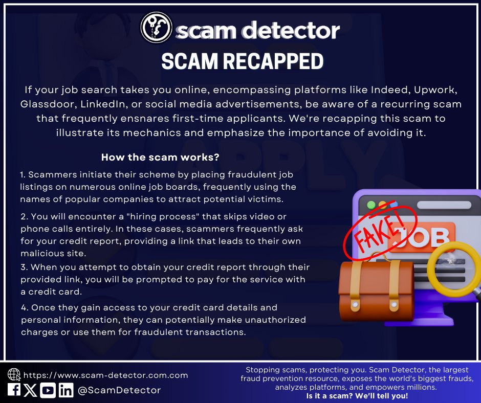 ScamDetector's tweet image. Job Seekers Beware! Credit Report Scam Recapped! 
Protect yourself and earn more by clicking on this link: scam-detector.com/article/credit… #ScamRecapped #ScamAlert #CreditReport