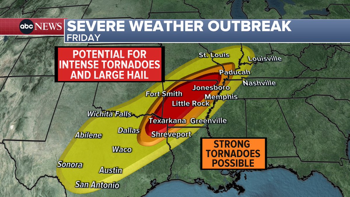 Friday’s severe thunderstorm threat focused on northeast texas, most of Arkansas and southeastern Missouri plus southern Illinois.

Potential for intense tornadoes, damaging winds and large hail 2”+ in diameter. Mostly this afternoon through the early overnight. <a href="/DanManWX/">Dan Manzo</a>