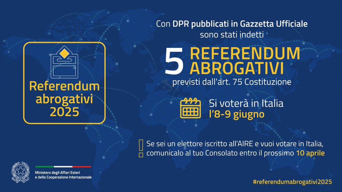 ❗️si vota per 5 referendum abrogativi l'8-9 giugno 2025.
Chi è iscritto all'AIRE riceverà il plico elettorale all'indirizzo registrato al 
Consolato. 
Chi vuole invece votare in Italia deve comunicarlo entro il 10 aprile! Per informazioni consultare il sito del nostro Consolato