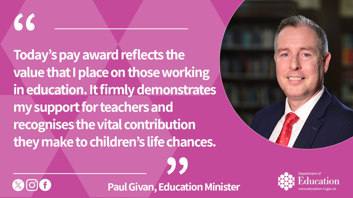 Education NI (@education_ni) on Twitter photo Education Minister <a href="/paulgivan/">Paul Givan</a> has welcomed a decision by the Northern Ireland Teachers' Council (NITC) to accept a 5.5% pay offer for teachers.
The pay settlement was agreed by the Teachers’ Negotiating Committee (TNC) and will bring to an end the ongoing industrial action. Education Minister <a href="/paulgivan/">Paul Givan</a> has welcomed a decision by the Northern Ireland Teachers' Council (NITC) to accept a 5.5% pay offer for teachers.
The pay settlement was agreed by the Teachers’ Negotiating Committee (TNC) and will bring to an end the ongoing industrial action.