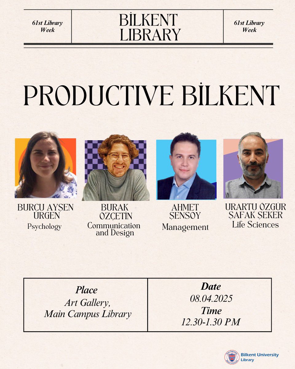 librarybilkent's tweet image. Happy Library Week! 

Bilkent University Library is pleased to invite everyone to the 61st Library Week activities. 
For more information, please visit our website.

#libraryweek #happylibraryweek #bilkentlibrary