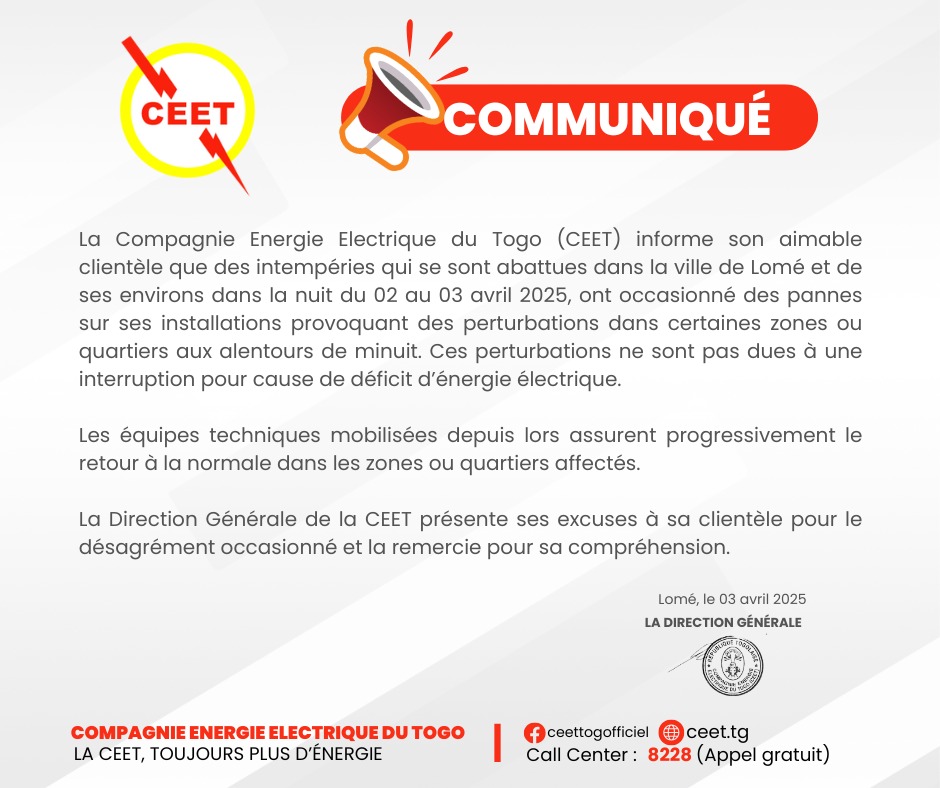CeetTogOfficiel's tweet photo. 🌩 Suite aux intempéries survenues dans la nuit du 02 au 03 avril 2025, certaines zones de Lomé et de ses environs ont subi des perturbations électriques.

🔧 Nos équipes techniques sont à pied d’œuvre depuis lors pour rétablir progressivement la situation.

1. https://t.co/i4j0KnnQMc