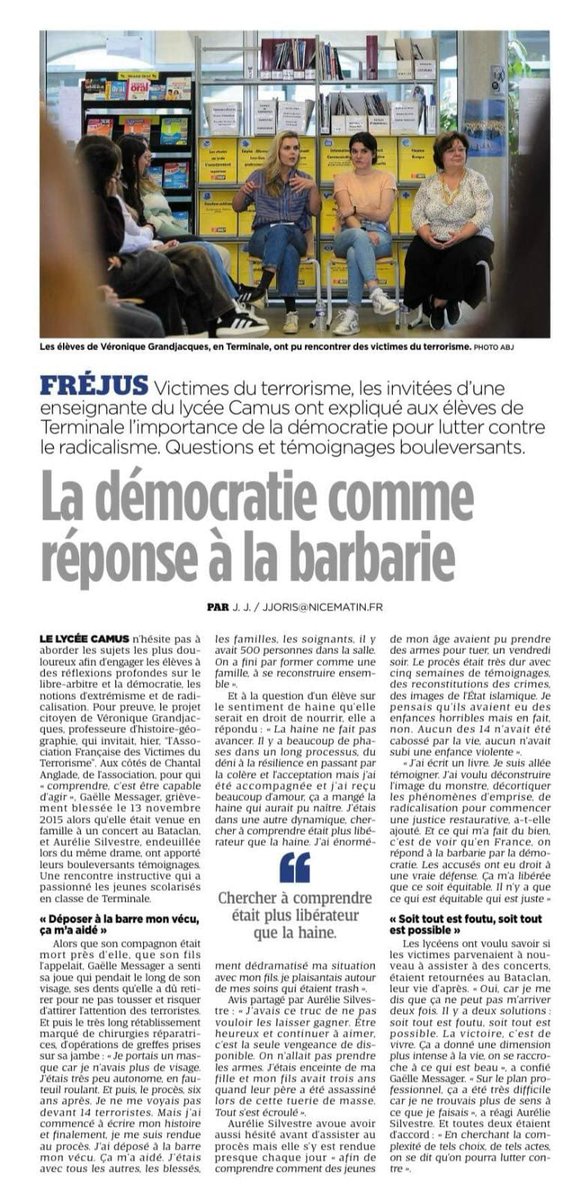 L'AfVT était hier en déplacement à Frejus pour une action éducative  au Lycée Camus. Deux grands témoins, victimes d'attentats, sont venus témoigner au sein d'une classe de terminale.