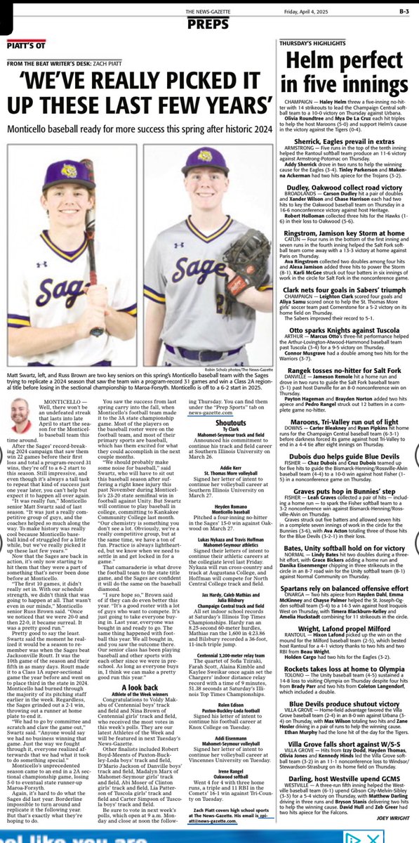 SagesAthletics's tweet image. @MontiSagesBSB and @LadySagesSoccer highlighted in Fridays News Gazette. The baseball team picked up a conference win last night and soccer dropped a close one vs Centennial #GoSages