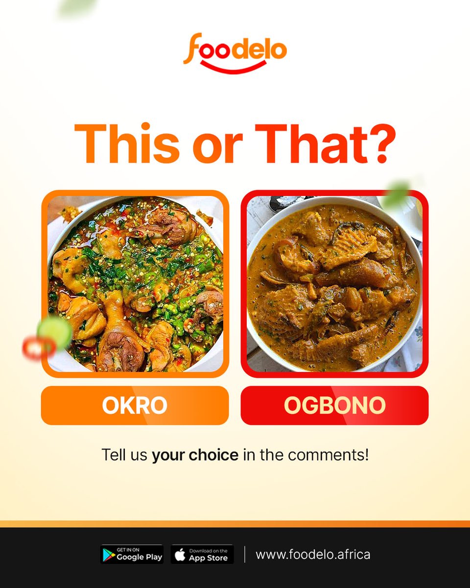 foodelo_ng's tweet image. TGIF, FOODIES! 🎉🍽️

It’s time for Food vs. Food! 🤩 Which combo wins
OKRO or OGBONO?

Drop your fave in the comments! ⬇️🔥 

#FoodBattle #TGIFVibes #FoodeloEats #foodelo
#foodelodelivers