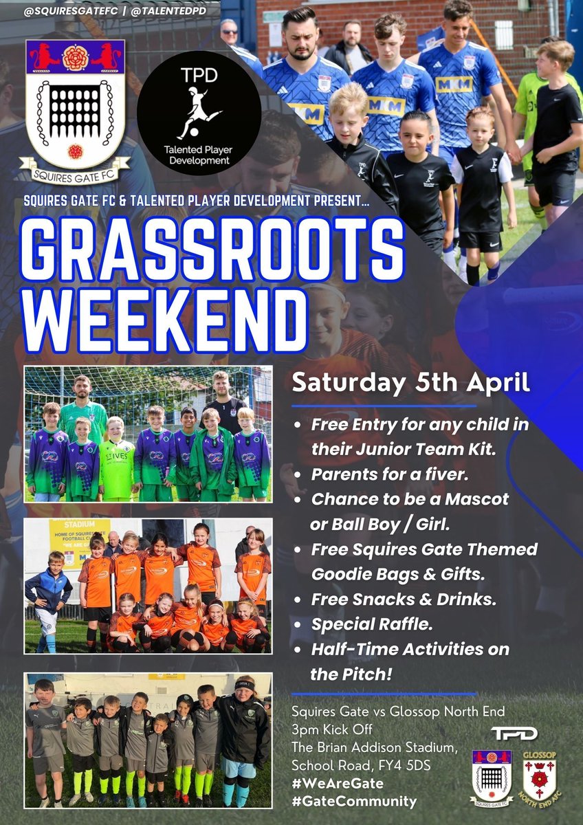 🎫 Free Entry in your Junior Team Kit
🍬 Squires Gate Goodie Bags
⚽️ Half Time Activities on the Pitch
and much more!😮‍💨

🔥 Make sure to join us down in FY4 tomorrow for 𝑮𝒓𝒂𝒔𝒔𝒓𝒐𝒐𝒕𝒔 𝑾𝒆𝒆𝒌𝒆𝒏𝒅!

💙 Try Non League. Try Squires Gate.
🔷 #WeAreGate | 🤝 <a href="/TalentedPD/">Talented Player UK Ltd.</a>