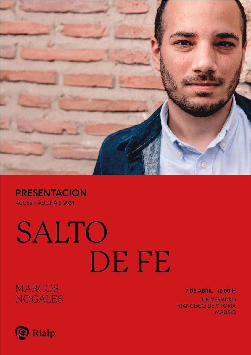 Marcos Nogales (@marcosnogales) on Twitter photo Vuelvo a casa 💙🏠🪂
Tengo la suerte de presentar Salto de fe en mi querida <a href="/ufvmadrid/">Universidad Francisco de Vitoria</a> para celebrar su X Semana del Libro. Me acompañarán Carlos y Pepelu, un regalazo.
🗓️ El lunes, 7 de abril, a las 12h en la pecera del edificio H. Vuelvo a casa 💙🏠🪂
Tengo la suerte de presentar Salto de fe en mi querida <a href="/ufvmadrid/">Universidad Francisco de Vitoria</a> para celebrar su X Semana del Libro. Me acompañarán Carlos y Pepelu, un regalazo.
🗓️ El lunes, 7 de abril, a las 12h en la pecera del edificio H.