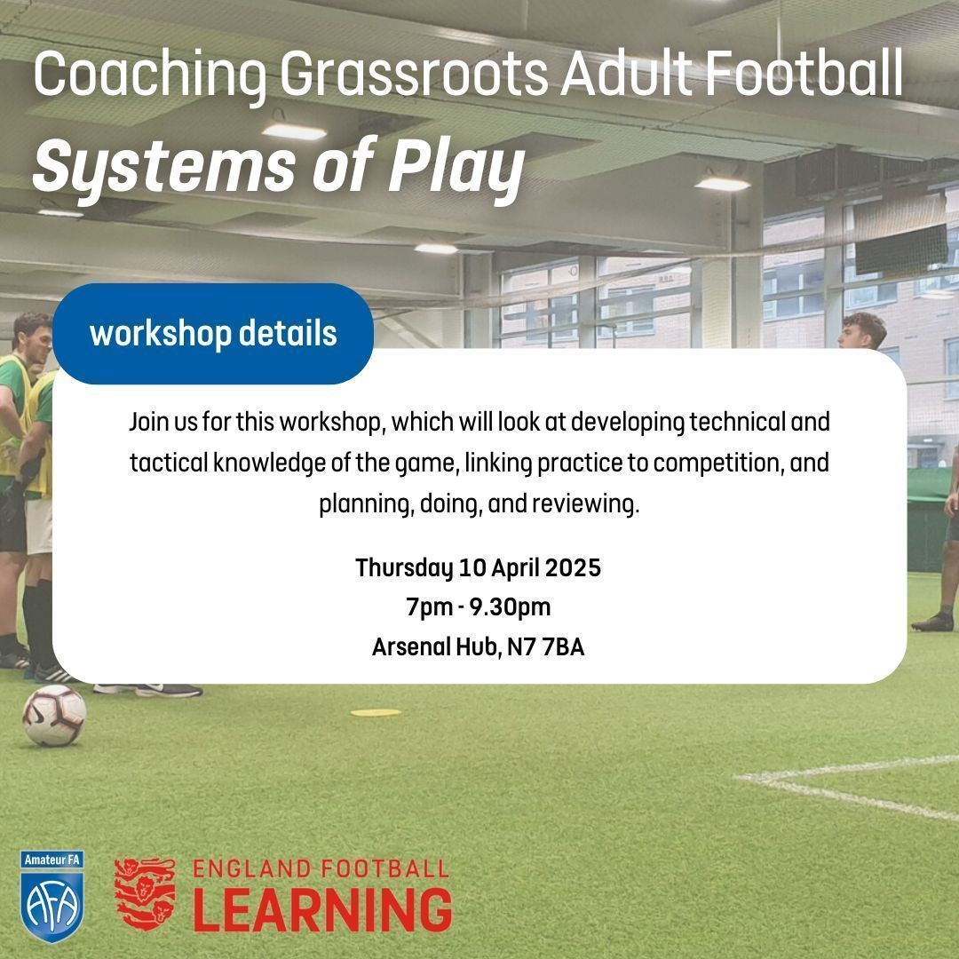 Amateur FA ⚽️ (@amateurfa) on Twitter photo Coaching Adult Grassroots Football
This CPD will look at developing technical & tactical knowledge of the game, linking practice to competition, and planning, doing, and reviewing. 
🗓️Thursday 10 April, 7pm
📌Arsenal Hub, N7 7BA
Register: buff.ly/UzHwbvZ Coaching Adult Grassroots Football
This CPD will look at developing technical & tactical knowledge of the game, linking practice to competition, and planning, doing, and reviewing. 
🗓️Thursday 10 April, 7pm
📌Arsenal Hub, N7 7BA
Register: buff.ly/UzHwbvZ