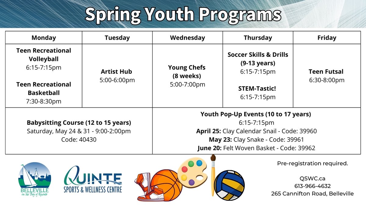 Registration is open for Spring Youth programs. Pre-registration is required. To register, call 613-966-4632.

Learn more: ow.ly/AcPL50Vo7lL