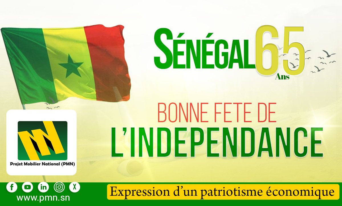 65 ans déjà !
Bonne fête de l'indépendance à tous les Sénégalais ! 🇸🇳 
Le SÉNÉGAL 🇸🇳 souverain ! Le SÉNÉGAL 🇸🇳 libre ! 
 
#4Avril #independance65