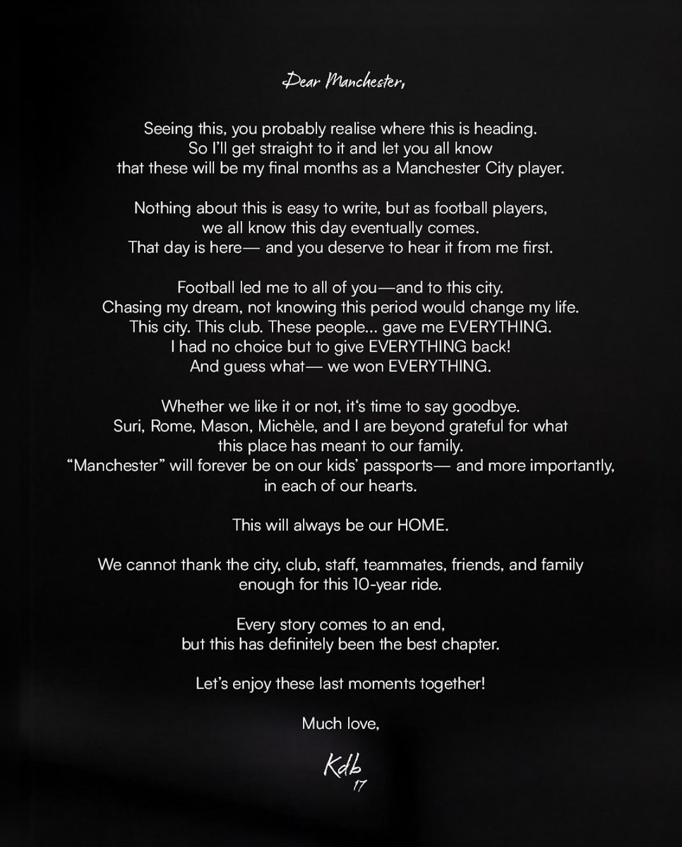 💙✍🏻 Kevin De Bruyne’s letter to all Man City fans: “This will always be our home”.