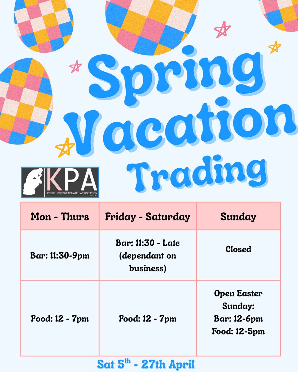 KPA - Keele (@kpakeele) on Twitter photo ๐ผ Spring vacation is here, and we're open for you! ๐ Check out our updated opening hours! If you'd like to book a table at any point, just pop us an email at kpa.bookings@keele.ac.uk. ๐ผ Spring vacation is here, and we're open for you! ๐ Check out our updated opening hours! If you'd like to book a table at any point, just pop us an email at kpa.bookings@keele.ac.uk.