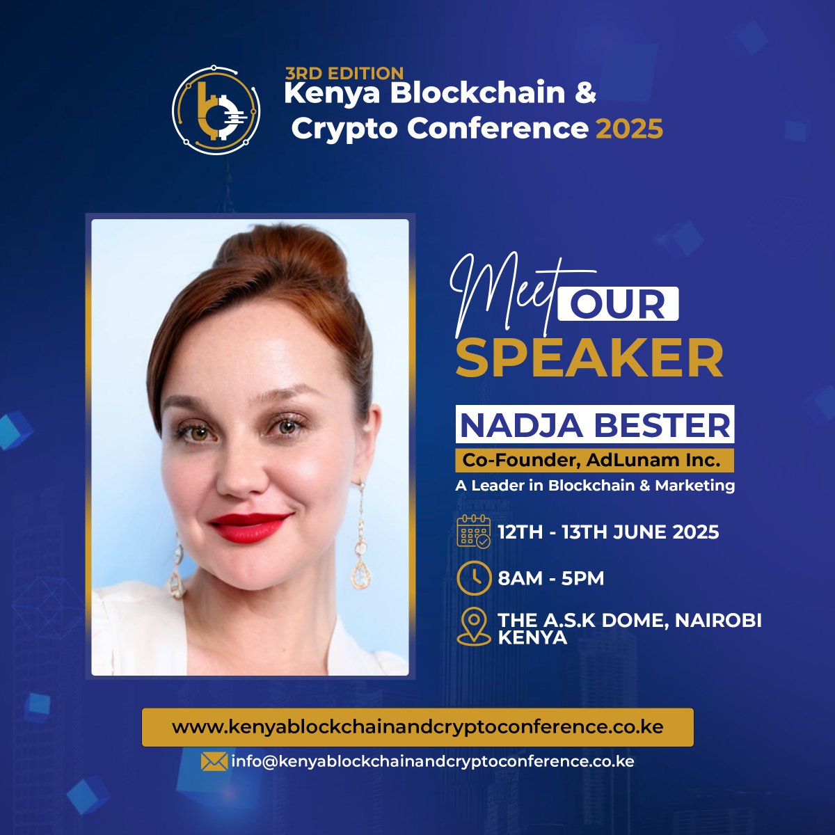 Kenya Blockchain & Crypto Conference (@kbcc_01) on Twitter photo What if your attention could unlock investment opportunities?
<a href="/NadjaBester/">Nadja Bester</a> is building that future with <a href="/AdLunamInc/">AdLunam, Inc.</a>'s Engage-to-Earn platform & Proof of Attention model.
Learn how to grow, scale & build in Web3 with Nadja—live at #KBCC2025.
🎟️ Grab your ticket → What if your attention could unlock investment opportunities?
<a href="/NadjaBester/">Nadja Bester</a> is building that future with <a href="/AdLunamInc/">AdLunam, Inc.</a>'s Engage-to-Earn platform & Proof of Attention model.
Learn how to grow, scale & build in Web3 with Nadja—live at #KBCC2025.
🎟️ Grab your ticket →