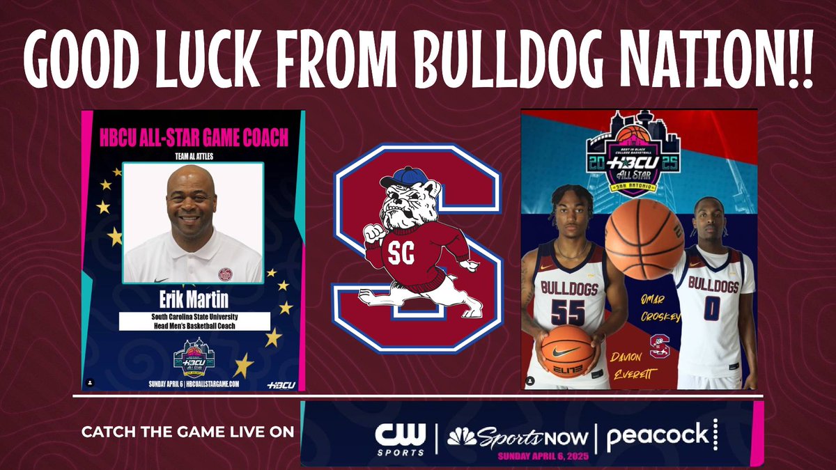 SC State Athletics (@scstateathletic) on Twitter photo BULLDOG NATION!! Make Sure You Tune in This Weekend and Watch and Support Our South Carolina State Bulldogs During the HBCU All Star Game in San Antonio, TX. For complete story and more information visit scsuathletics.com
<a href="/SCStateMBB/">SC State Mens Basketball</a> <a href="/HCEmartinSCSU/">Erik Martin</a> BULLDOG NATION!! Make Sure You Tune in This Weekend and Watch and Support Our South Carolina State Bulldogs During the HBCU All Star Game in San Antonio, TX. For complete story and more information visit scsuathletics.com
<a href="/SCStateMBB/">SC State Mens Basketball</a> <a href="/HCEmartinSCSU/">Erik Martin</a>