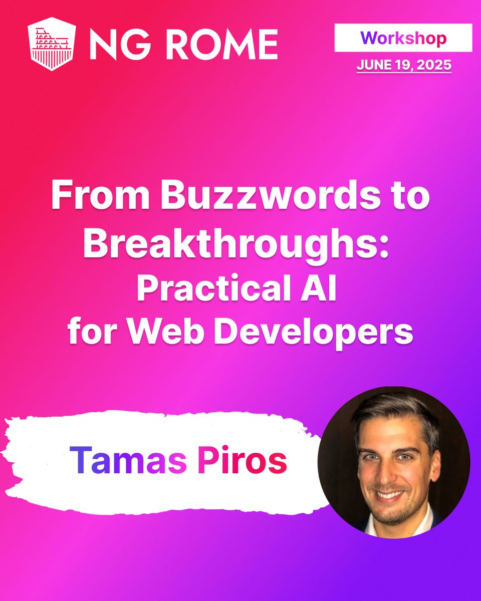NGRomeConf | JUNE 19,20 2025 - Rome (@ngromeconf) on Twitter photo 🤖 Ready to integrate REAL AI into your web projects? 🚀
Join <a href="/tpiros/">Tamas Piros</a>, for a hands-on workshop: "From Buzzwords to Breakthroughs: Practical AI for Web Developers".
Tamas will cut through the hype and show you, developer-to-developer, how to leverage tools like LLMs, RAG, agents 🤖 Ready to integrate REAL AI into your web projects? 🚀
Join <a href="/tpiros/">Tamas Piros</a>, for a hands-on workshop: "From Buzzwords to Breakthroughs: Practical AI for Web Developers".
Tamas will cut through the hype and show you, developer-to-developer, how to leverage tools like LLMs, RAG, agents