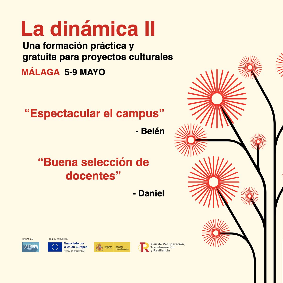 🚀 "Espectacular el campus"
💡 "Muy nutritivo y empoderante"
👨‍🏫 "Buena selección de docentes"

📢 #LaDinámica vuelve del 5 al 9 de mayo en Málaga. Formación gratuita para proyectos culturales con expertos del sector.

🔗 Inscripción hasta el 24 de abril: docs.google.com/forms/d/e/1FAI…
