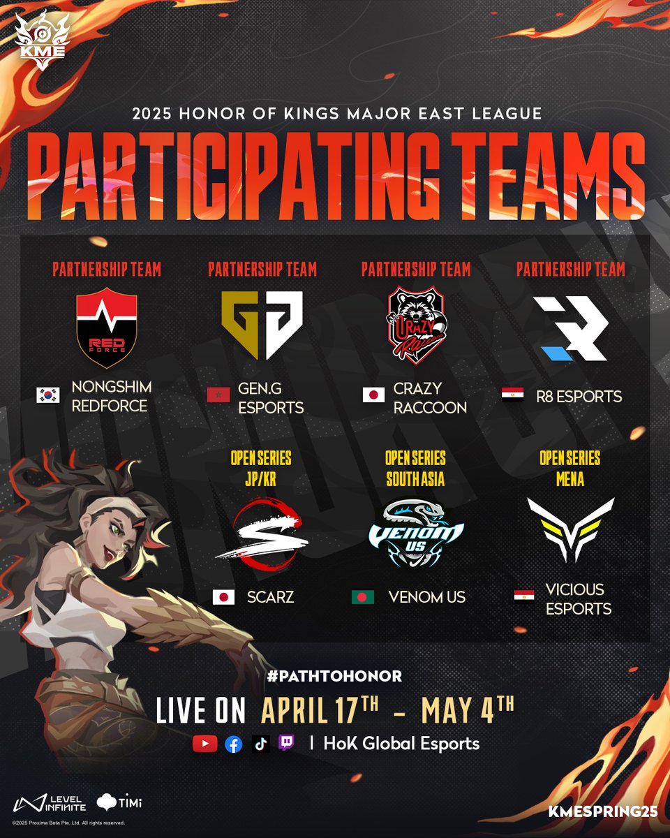 🔥 Major East League Spring 2025 teams locked and loaded! Who's ready to blaze their #PathToHonor?

📅 April 17th - May 4th

👉 Play Honor of Kings now!
🔗 HoKEsports.com/KME

#25HOKMajor #KMESpring25 #PathToHonor #2025HOK #HonorOfKings #HOKEsports