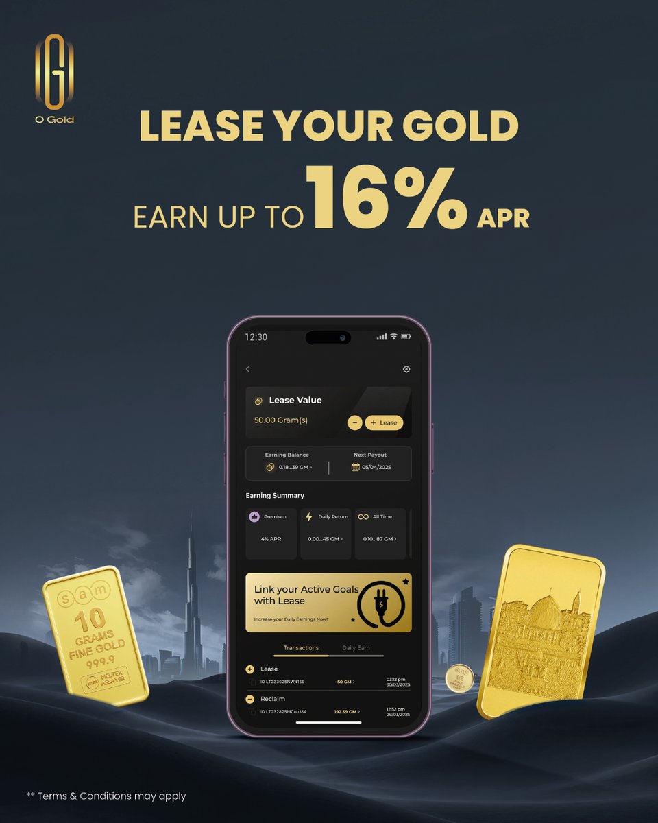 OgoldApp's tweet image. Turn Your Physical Gold Into Income! 💰✨

With O Gold, you can lease as little as 0.1g of gold and earn up to 16% returns annually. Enjoy the benefit of monthly payouts with no penalties and full ownership.

#OGold #GoldLeasing #FinancialFreedom