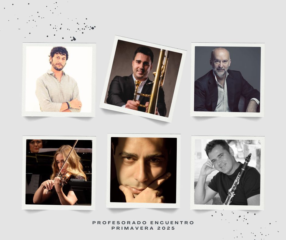 Profesorado JOSCAN Primavera 2025
• Fernando Arias, timbal (OFIL)
• José Vicente, trombón (Les Arts)
• Ángel Luís Quintana, cello (ONE)
• Cristina Grifo, violín (Orquesta RTVE)
• Sergio Sáez, viola (Les Arts)
• Carlos García, clarinete (BOS)