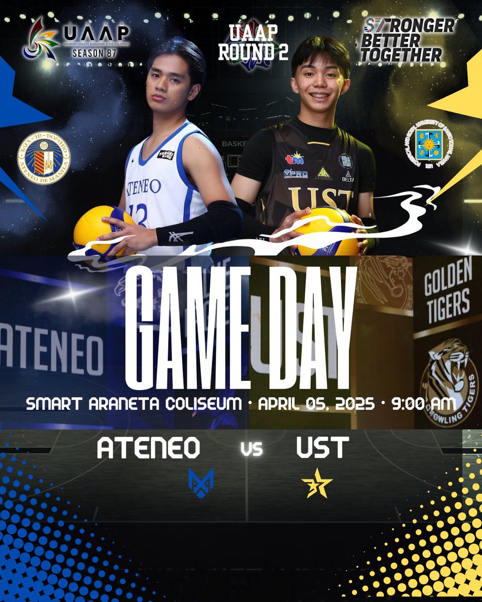 TeamAMVT's tweet photo. EAGLES VS. TIGERS

This Saturday, the UAAP volleyball scene is set to witness an electrifying matchup between the best of friends off the court, the Ateneo Blue Eagles and UST Golden Tigers.

#TeamAteneo
#AteneoVolleyball
#UAAPSeason87 https://t.co/4a3b6mC3wP