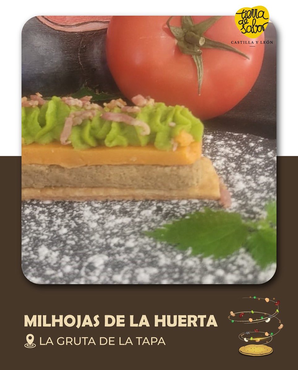 Viajamos a #Huelva con «Milhojas de la Huerta» de #JesúsSánchez. Un guiso tradicional de <a href="/LentejaTiCampos/">Lenteja T. de Campos</a> horneado y empanado. Un hojaldre invertido. Gelatina de salmorejo. Crema de guisantes guisados. Tiras de beicon y crocante de cebolla. 
#desTAPAlasLEGUMBRES #LaGrutadelaTapa