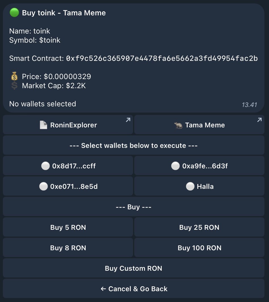 Minor Update Ronin Sniper Bot

Resolve the issue with wallet selection

Include price and market cap information for the token on <a href="/tamadotmeme/">Tama Mart</a>

$REYE <a href="/Ronin_Network/">Ronin</a>