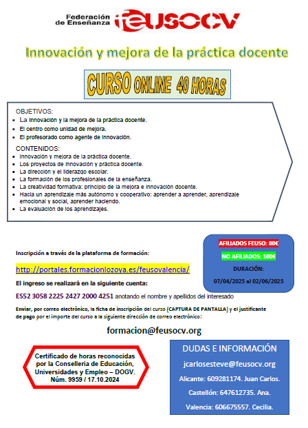 📢💻📕Curso Online "INNOVACIÓN Y MEJORA DE LA PRÁCTICA DOCENTE " (40 horas). Certificado de horas reconocidas por la Conselleria de Educación, Universidades y Empleo para méritos de formación permanente y perfeccionamiento del profesorado.📢